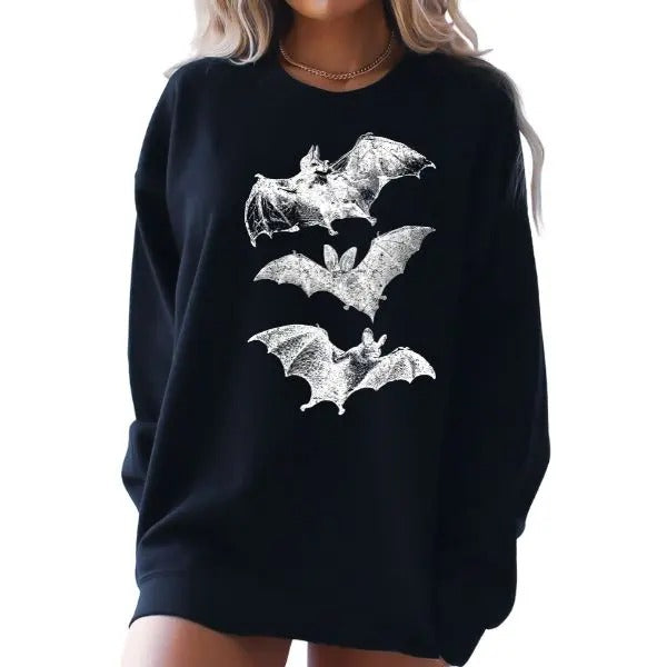 Black Sweatshirt w/ 3 White Bats Vertical Line - Grunge, Alternative, Spooky Halloween Vibe - Edgy Long Sleeve Crewneck - Unisex Sizing Perfect for Halloween & Everyday Wear - Stylish Gothic Bats Graphic for a Unique Look - Comfortable & Trendy Pullover