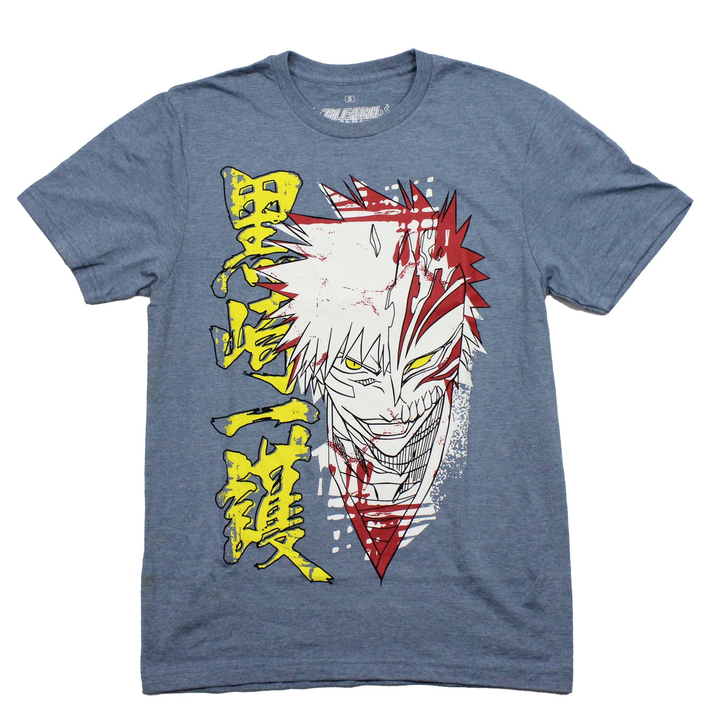 Bleach Mens T-Shirt - Ichigo Blood Splatter Along Yellow Kanji