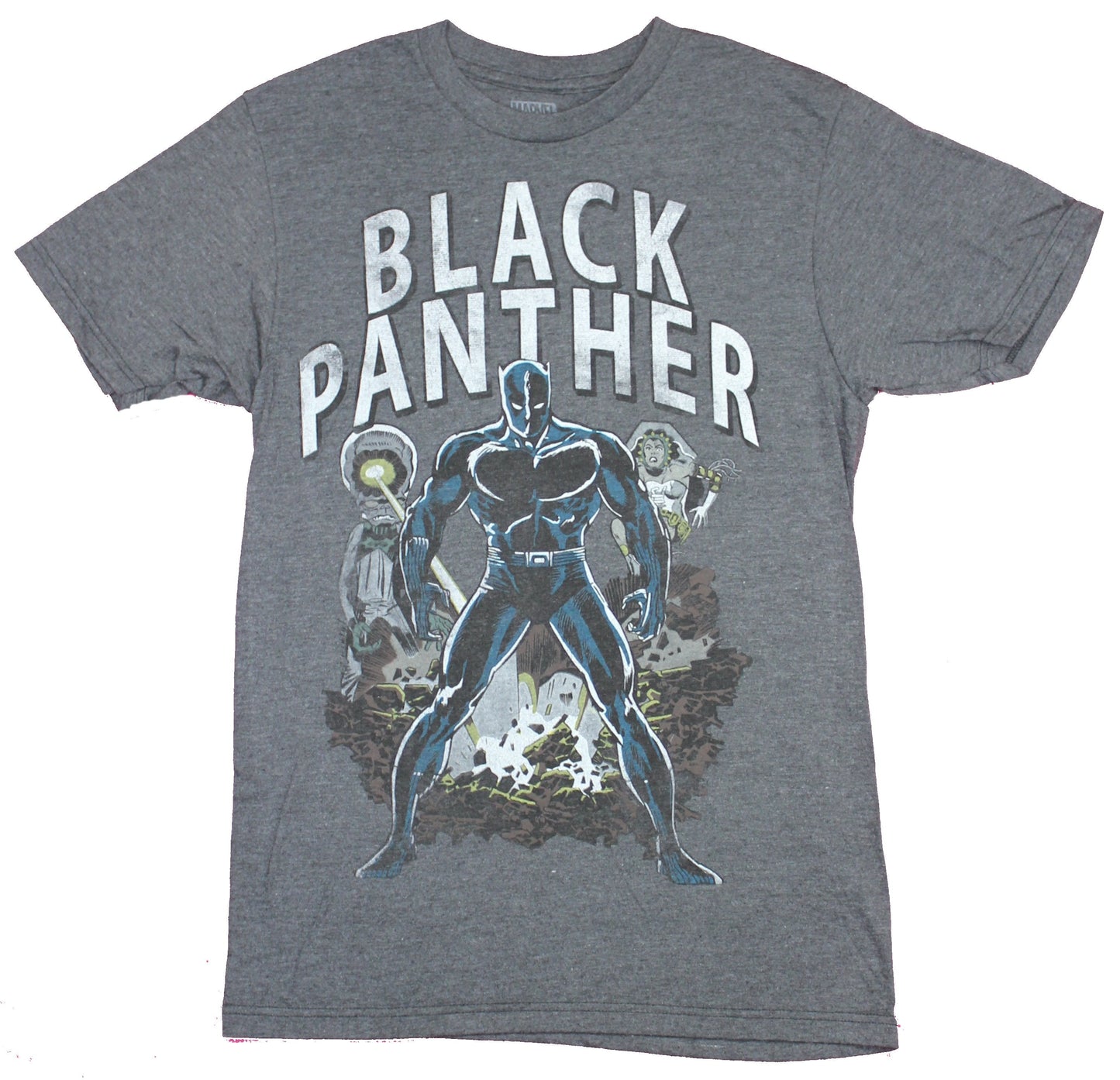 Black Panther Mens T-Shirt- Distressed Standing Proud Under White Logo
