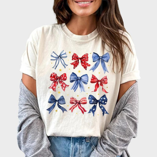 4th Of July Bows Shirt, Coquette Bow Shirt For Women, Funny 4th Of July Tee, Patriotic USA Tshirt, Independence Day USA Shirt, Bow Lover Shirt, Coquette 4th of July Women Tops, Comfy Fabric Oversized Graphic Tee, Cotton Fabric Relaxed Fit Chic Style