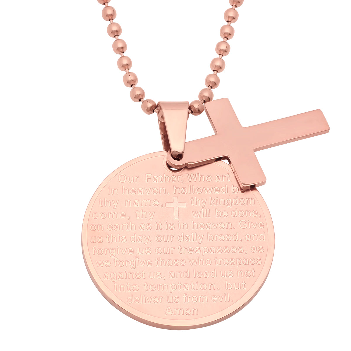 18k Rose Gold Plated Stainless Steel Round Our Father Prayer Pendant With Cross