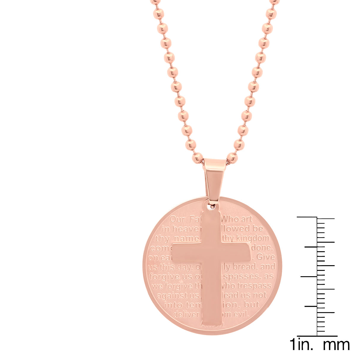 18k Rose Gold Plated Stainless Steel Round Our Father Prayer Pendant With Cross