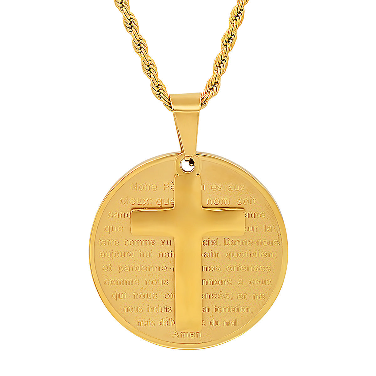 18K Gold Plated Stainless Steel Round Portuguese Prayer And Cross Pendant