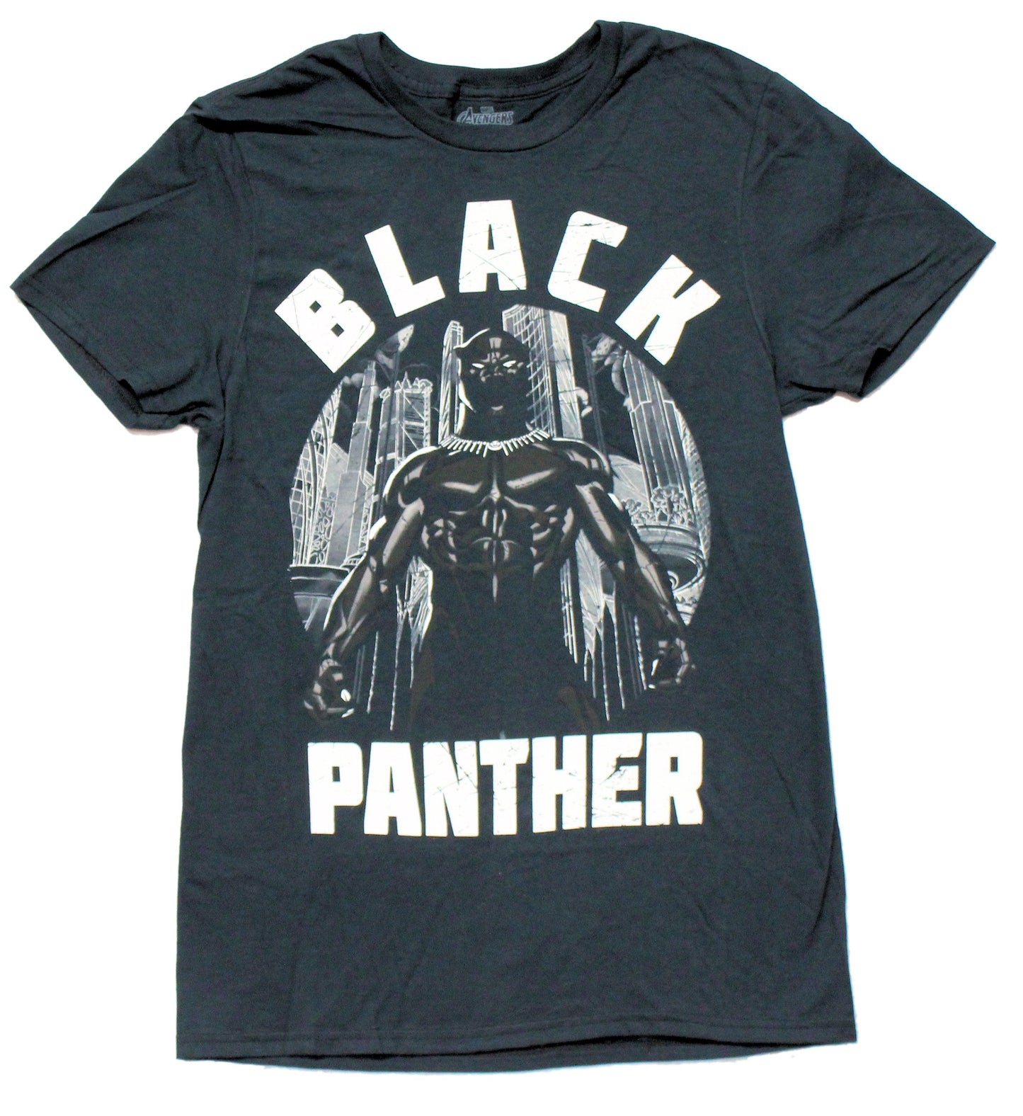 Black Panther Mens T-Shirt - Standing Proud Between Distressed Name