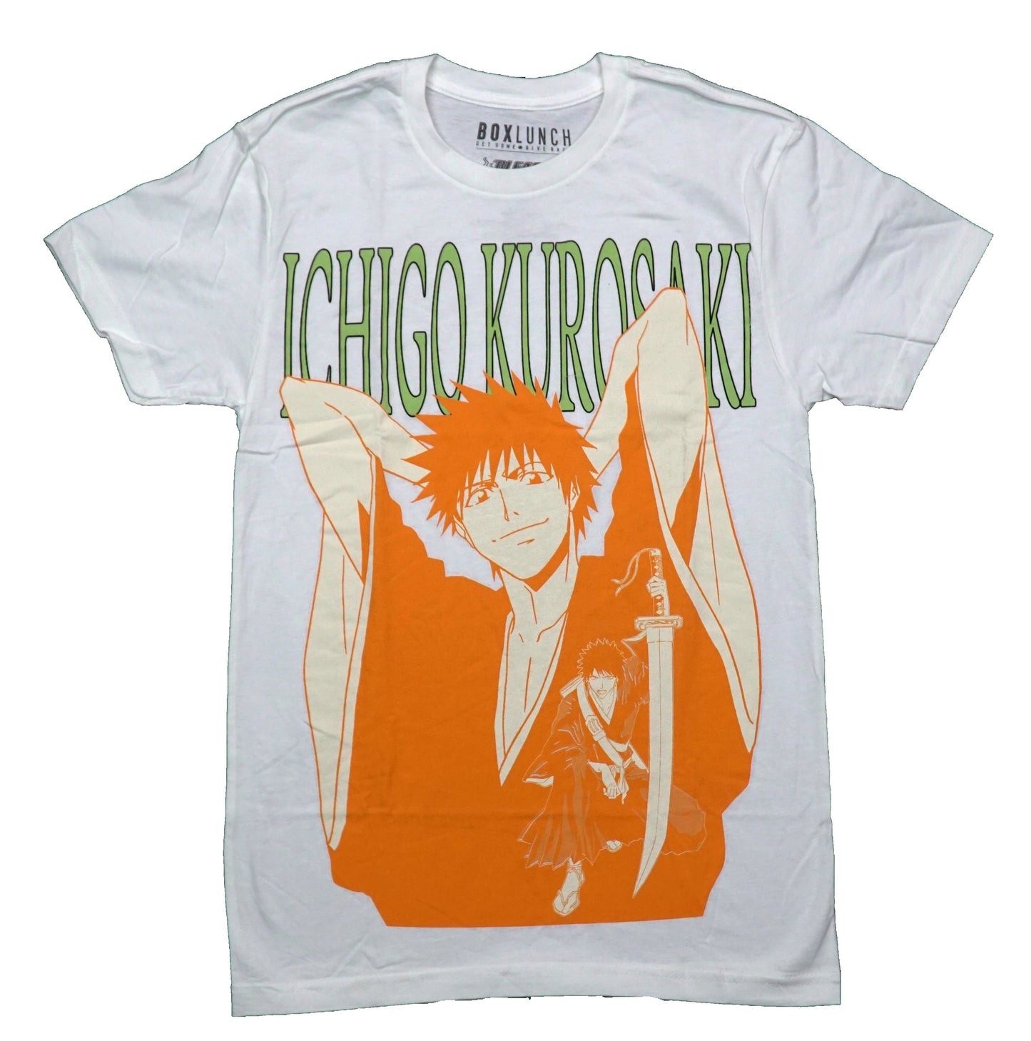 Bleach Mens T-Shirt - Ichigo Kurosaki Orange Kneeling w/ Sword & Stretch