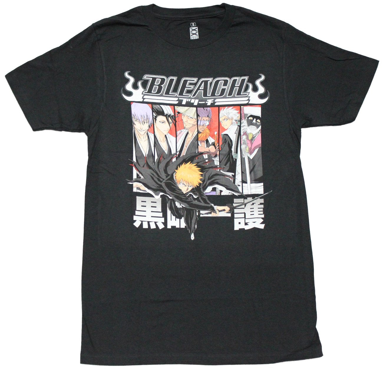 Bleach Mens T-Shirt -Cast Over Bleach In Sword Swinging Stance Over Kanji