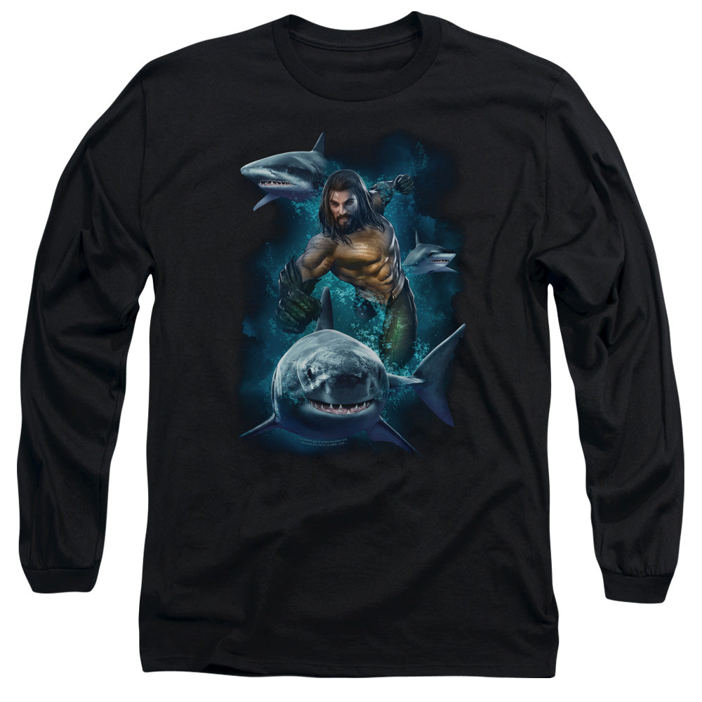 Aquaman Movie Swimming With Sharks Mens Long Sleeve Shirt Black