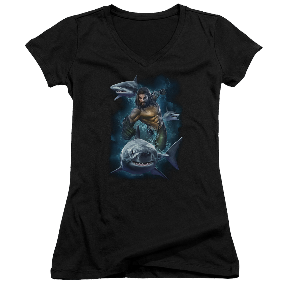 Aquaman Movie Swimming With Sharks - Juniors V-Neck T-Shirt