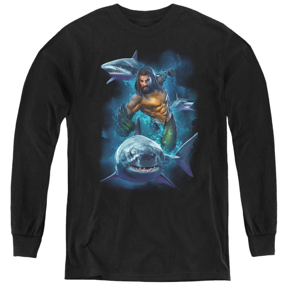 Aquaman Movie Swimming With Sharks - Youth Long Sleeve T-Shirt