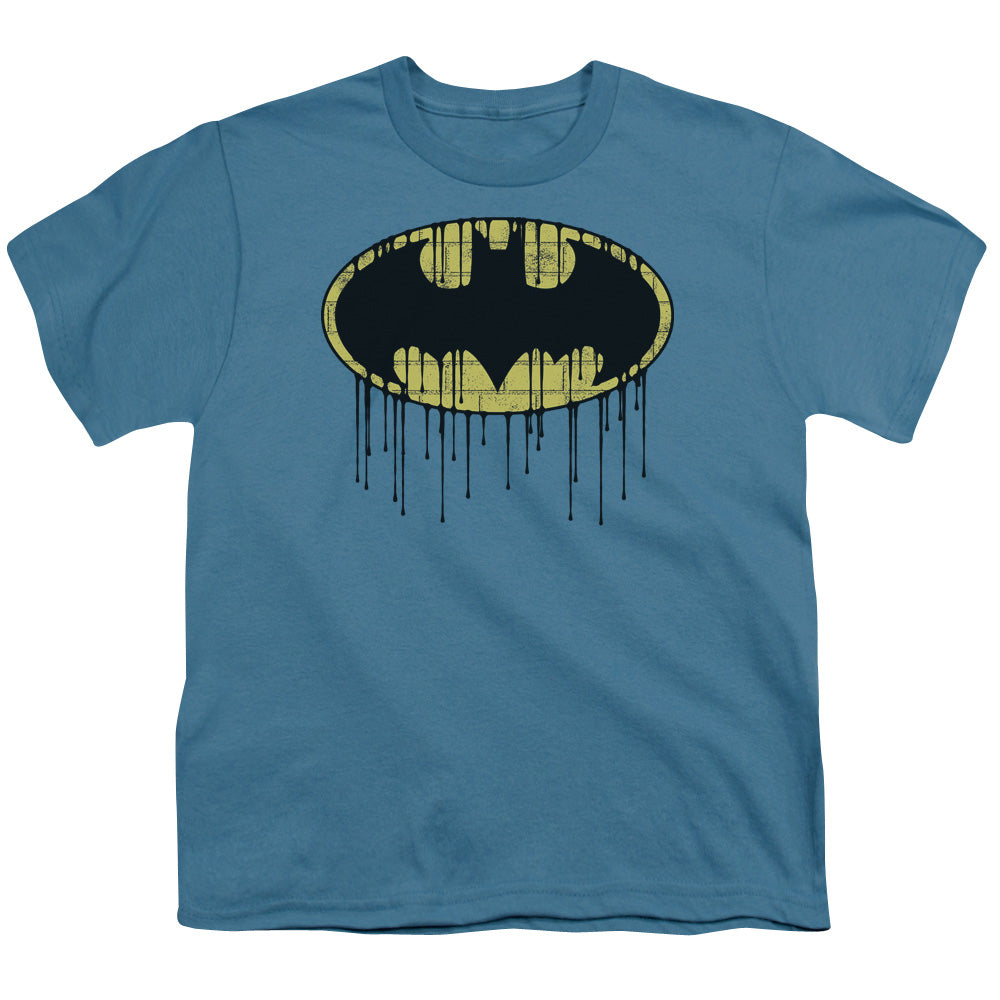Batman Dripping Brick Wall Shield Kids Youth T Shirt Slate