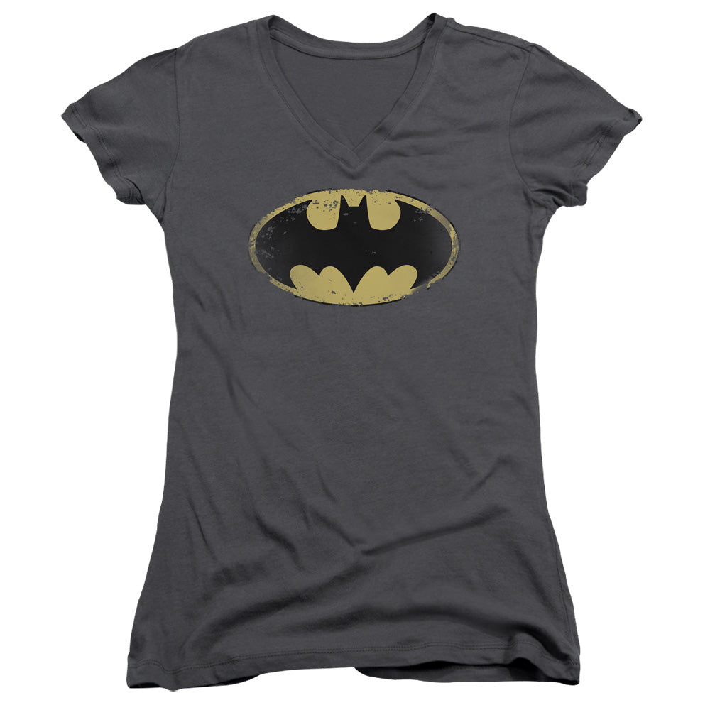 Batman Distressed Shield Junior Sheer Cap Sleeve V Neck Womens T Shirt Charcoal