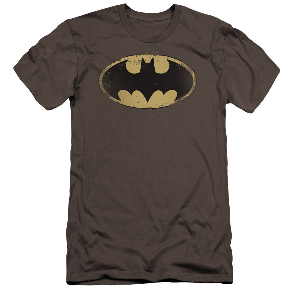 Batman Distressed Shield Premium Bella Canvas Slim Fit Mens T Shirt Charcoal