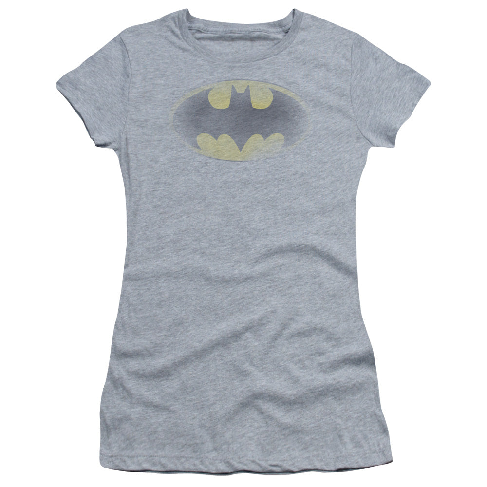 Batman Faded Logo Junior Sheer Cap Sleeve Womens T Shirt Athletic Heather