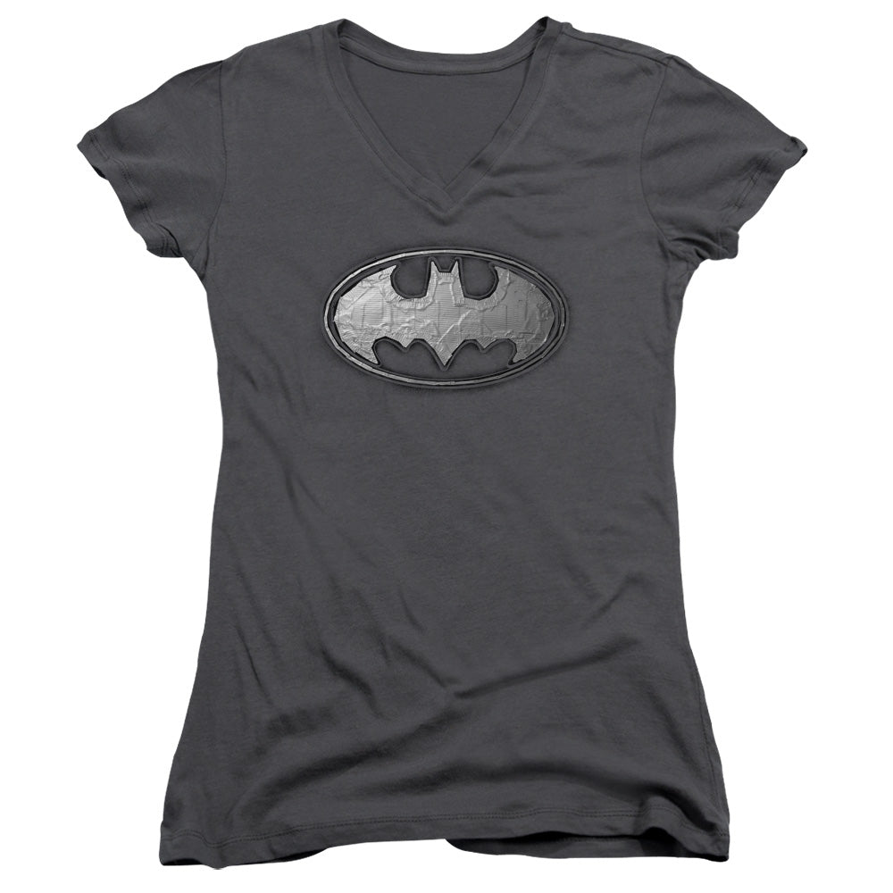 Batman Duct Tape Logo Junior Sheer Cap Sleeve V Neck Womens T Shirt Charcoal
