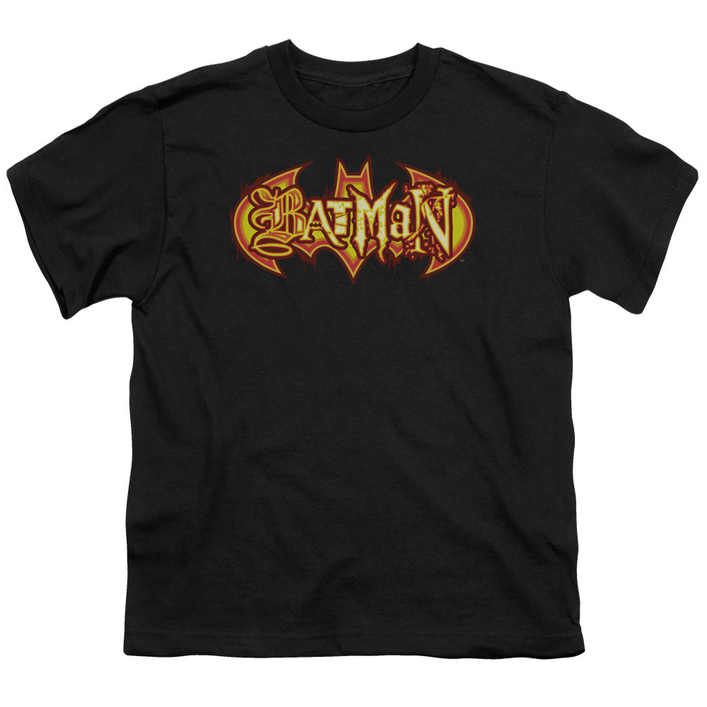Batman Fiery Shield Kids Youth T Shirt Black