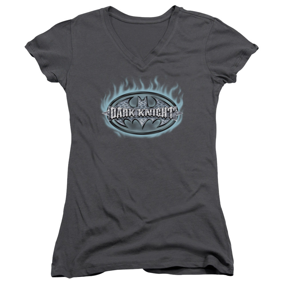 Batman Dark Knight Steel Shield Junior Sheer Cap Sleeve V Neck Womens T Shirt Charcoal