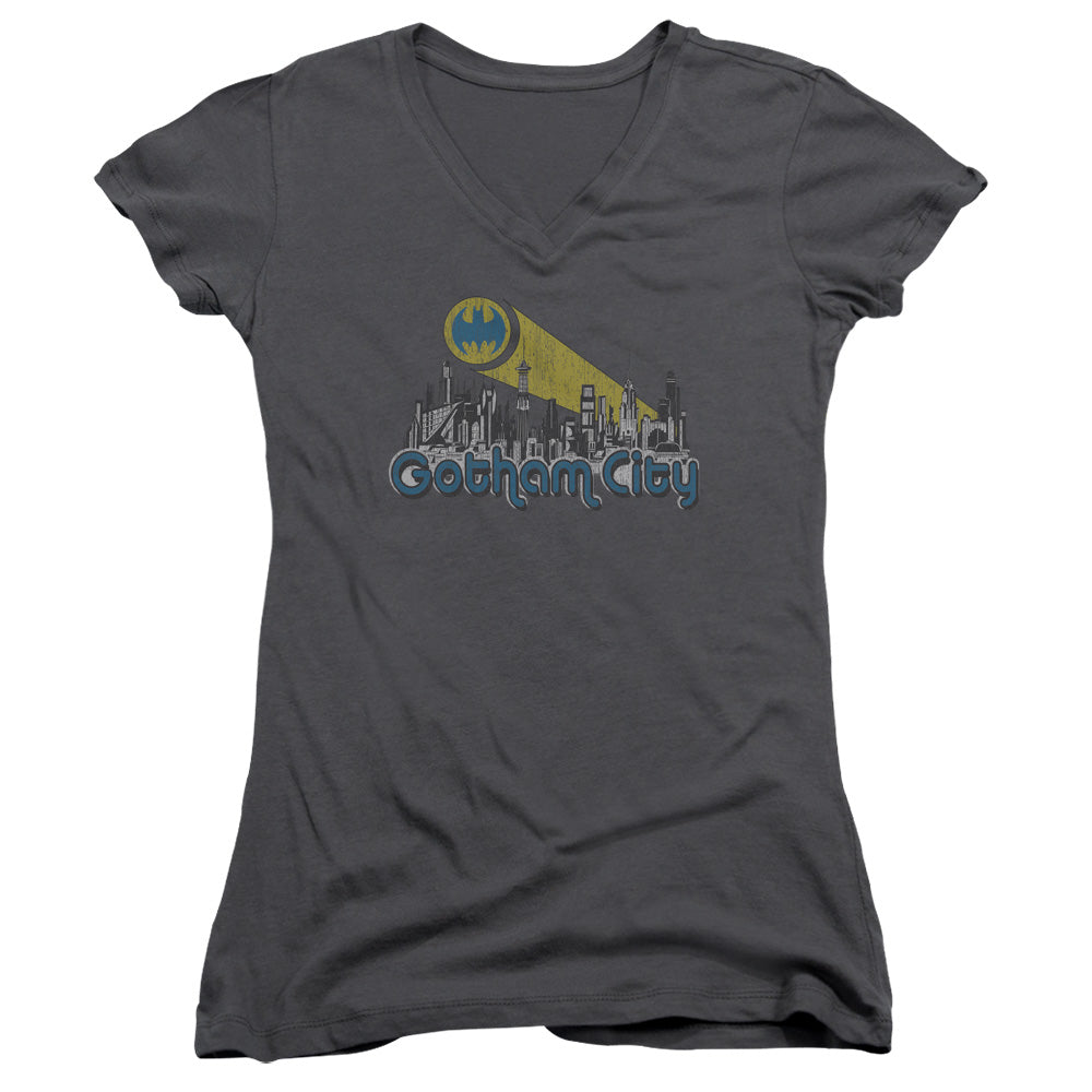 Batman Gotham City Distressed Junior Sheer Cap Sleeve V Neck Womens T Shirt Charcoal