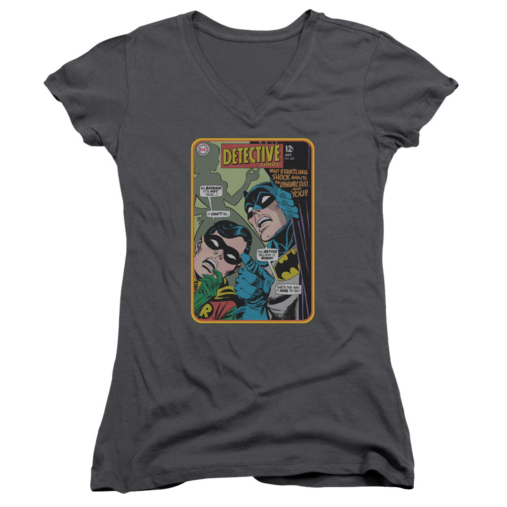 Batman Detective #380 Junior Sheer Cap Sleeve V Neck Womens T Shirt Charcoal