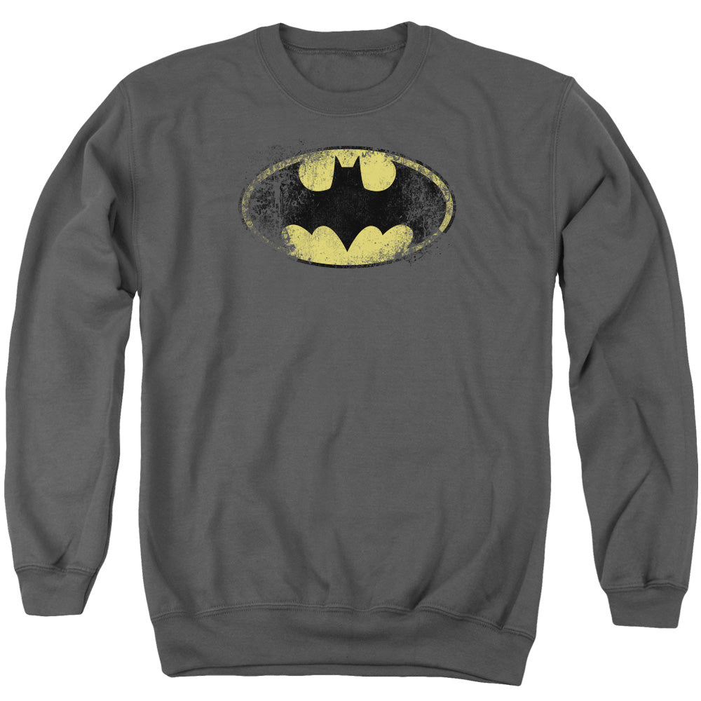 Batman Destroyed Logo Mens Crewneck Sweatshirt Charcoal