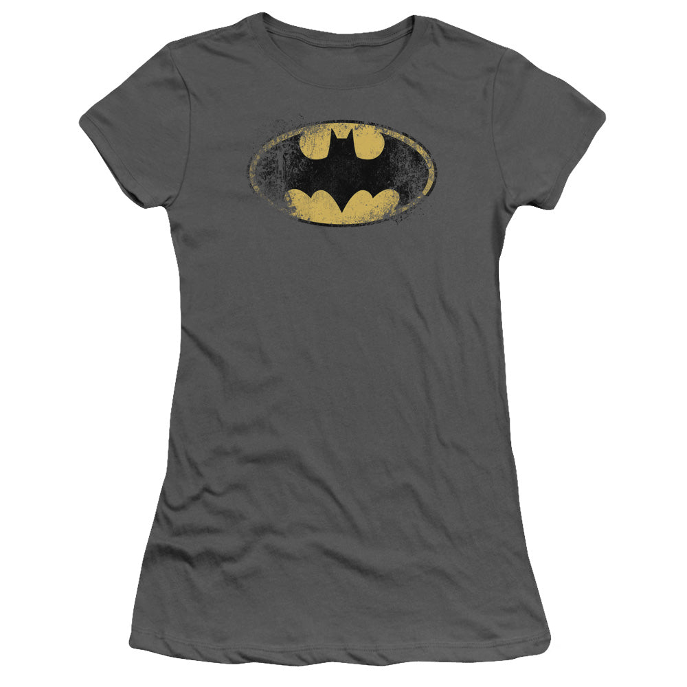 Batman Destroyed Logo Junior Sheer Cap Sleeve Womens T Shirt Charcoal