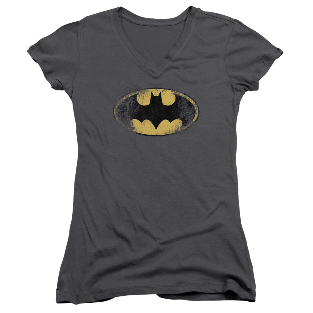 Batman Destroyed Logo Junior Sheer Cap Sleeve V Neck Womens T Shirt Charcoal