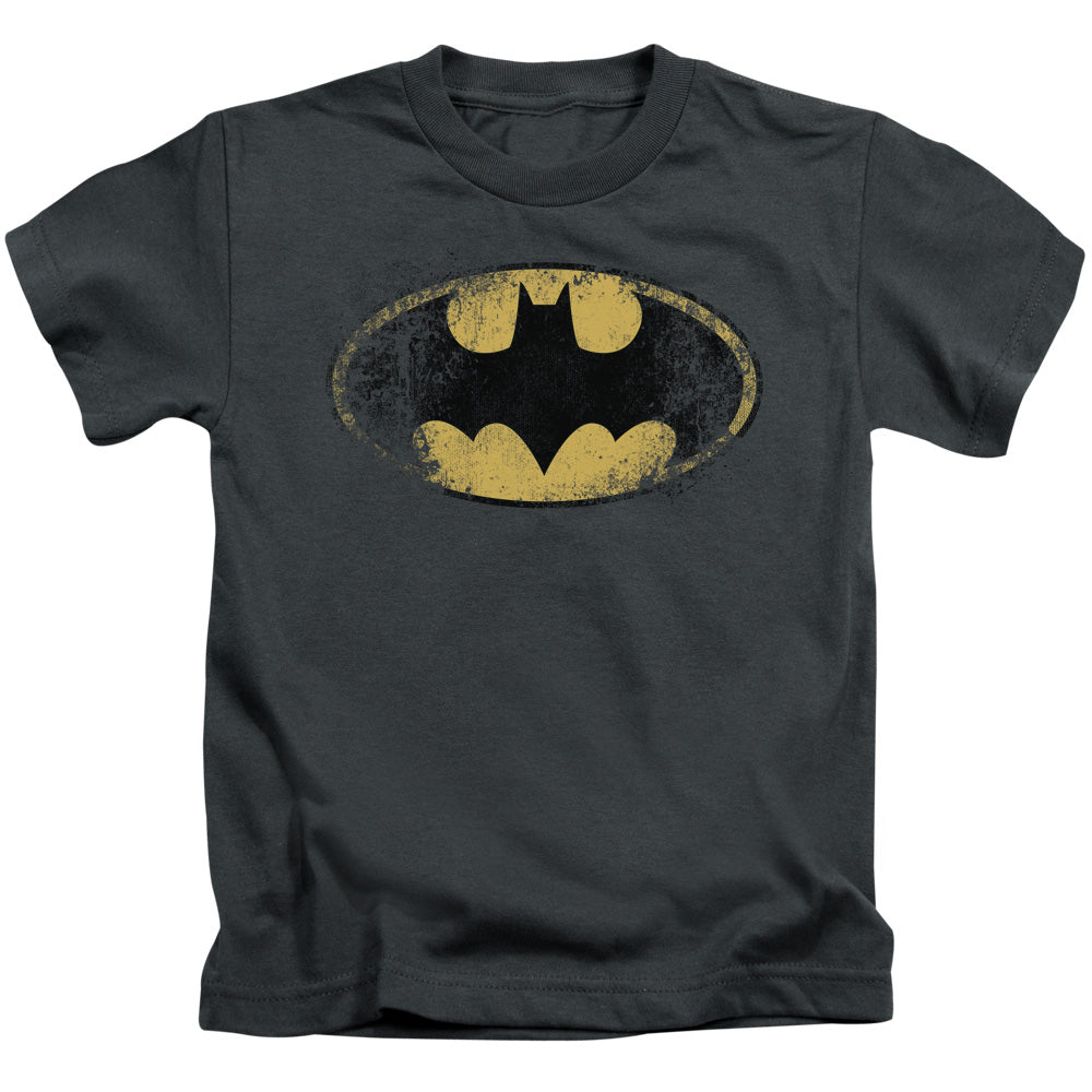 Batman Destroyed Logo Juvenile Kids Youth T Shirt Charcoal