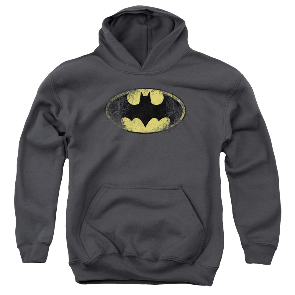Batman Destroyed Logo Kids Youth Hoodie Charcoal