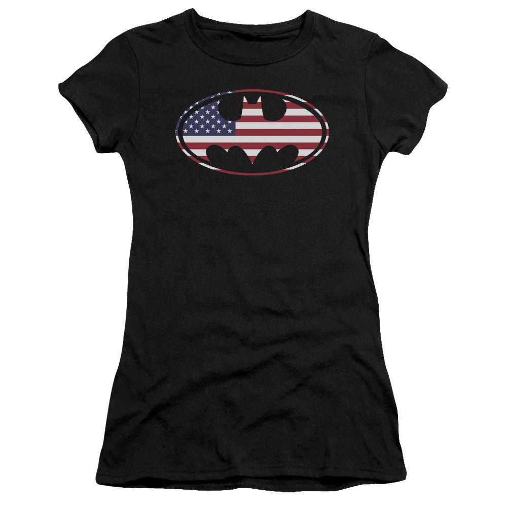Batman American Flag Oval Junior Sheer Cap Sleeve Womens T Shirt Black