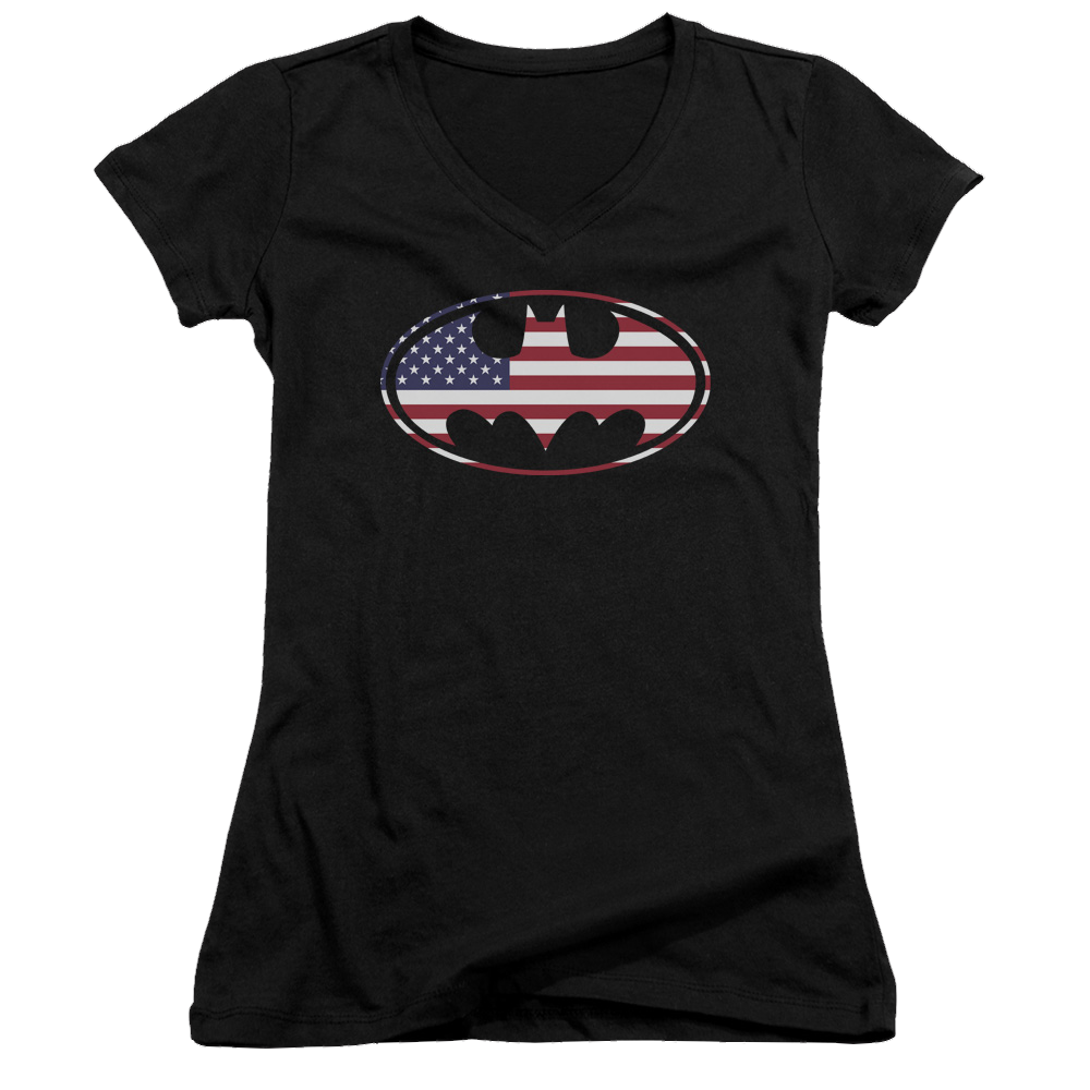 Batman American Flag Oval - Juniors V-Neck T-Shirt