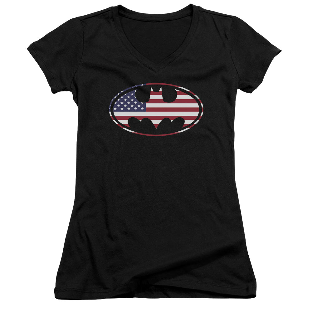 Batman American Flag Oval Junior Sheer Cap Sleeve V Neck Womens T Shirt Black