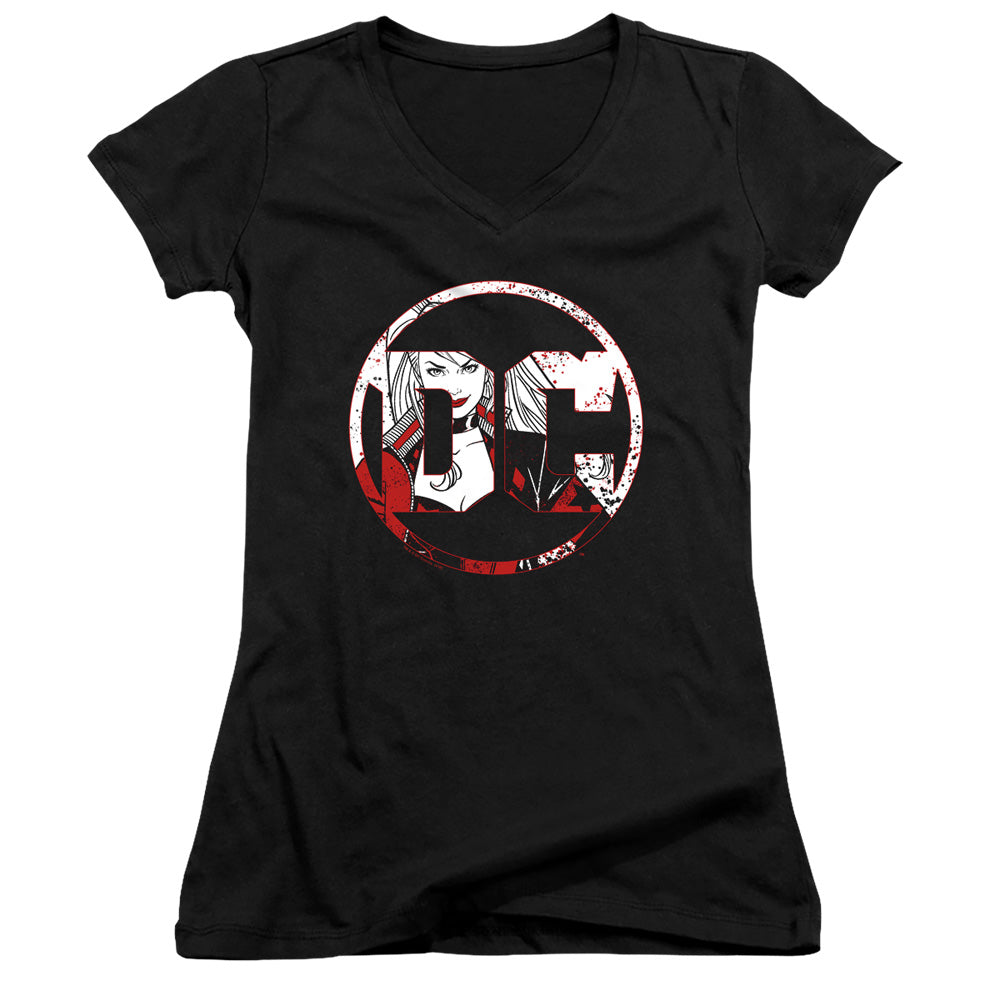 Batman Dc Logo Harley Junior Sheer Cap Sleeve V Neck Womens T Shirt Black