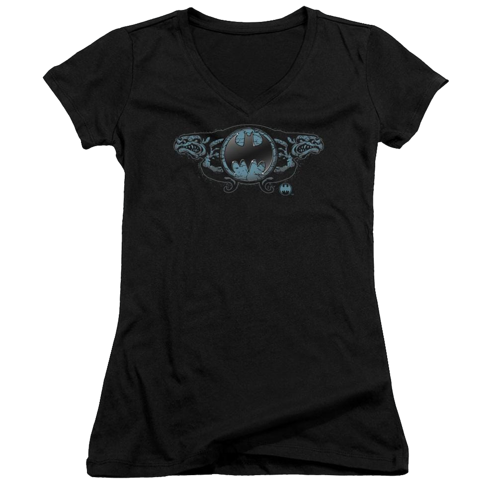 Batman Two Gargoyles Logo - Juniors V-Neck T-Shirt