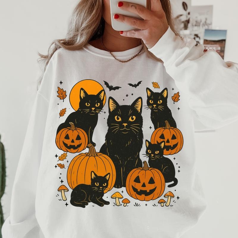 Black Cat Pumpkin Halloween Shirt ~ Unisex Apparel Relaxed Fit Printed In The USA Clothing Womenswear Casual Comfort Cotton Top Athletic Boho Chicstyle{n002}2