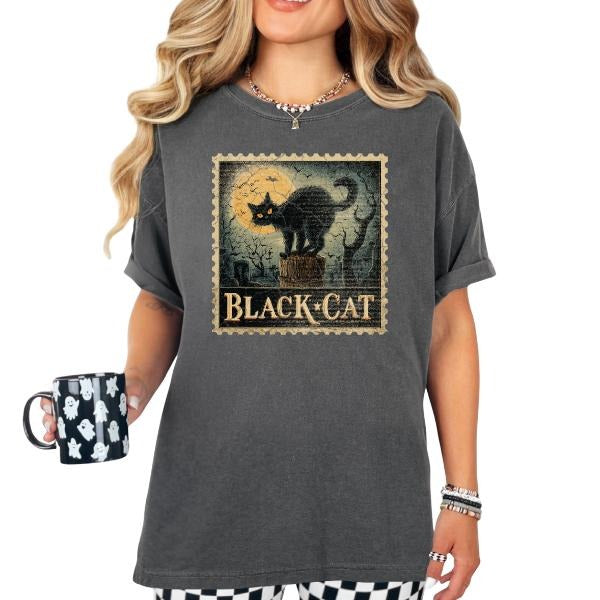 Black Cat Stamp Traditional Halloween Comfort Color Pepper TShirt | Punk, Alt, Grunge, Goth, Skeleton Style | Graphic Casual Cotton Cute