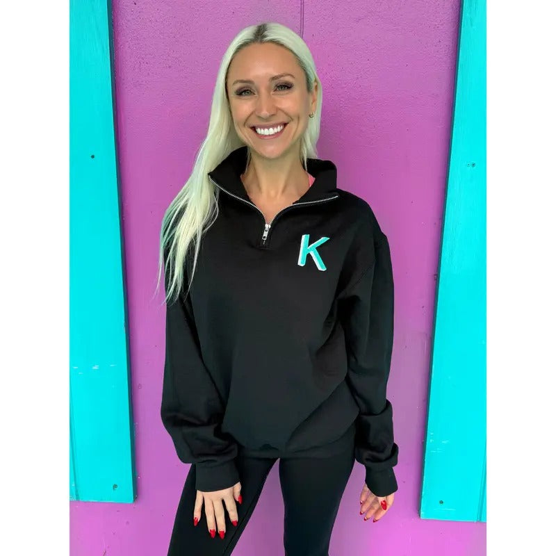 Black Embroidered Initial Quarter Zip Pullover (2XL-3XL)