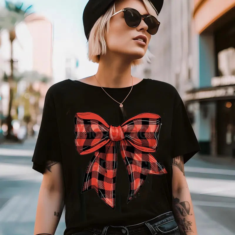 Black Red Caro Bow Christmas Sweatshirt, Lovely Caro Bow Xmas T Shirt, Cozy Season, Red Coquette Bow Sweatshirt, Popular Christmas Gift