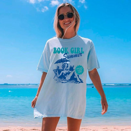 Book Girl Summer Shirt, Beach Book Lover Shirt, Summer Bookish Tee, Funny Reader Oversized Beach TShirt, Bookish Vacation T-Shirt, Coconut Girl Romance Book Shirt, Vintage Book Girl TShirt