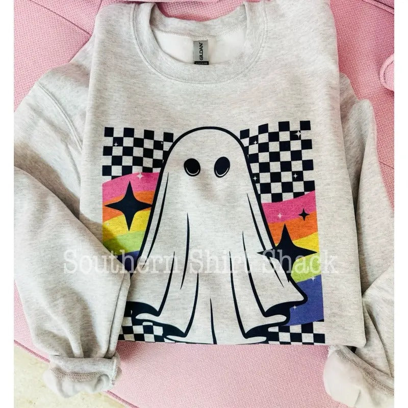 Checkered Rainbow Ghost Sweatshirt | Halloween Sweatshirt