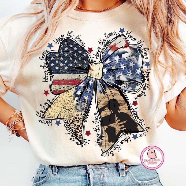 Coquette American tshirt, Honor the brave shirt, Memorial Coquette Bow t-shirt, 4th of July sweatshirt, America tshirt, Freedom shirt, American Flag tshirt,soldier, women's shirts, Gift for Mom, Menswear Top, women top, Gift For menswear