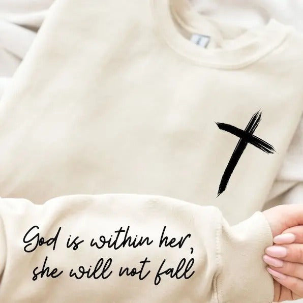 Cross Sweatshirt, Religious Sweatshirt, God Is Within Her Sweatshirt with Quote on Sleeve, Christian Sweatshirt, Jesus Lover Gift T-shirt, sweater and Hoodie