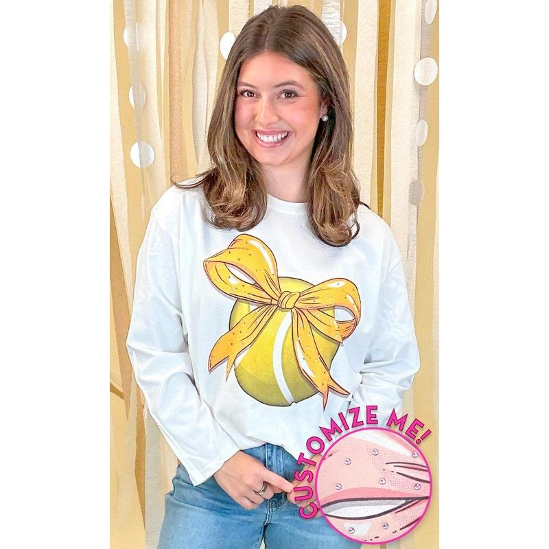 Custom Tennis Bow Rhinestone Graphic Long Sleeve T-Shirt