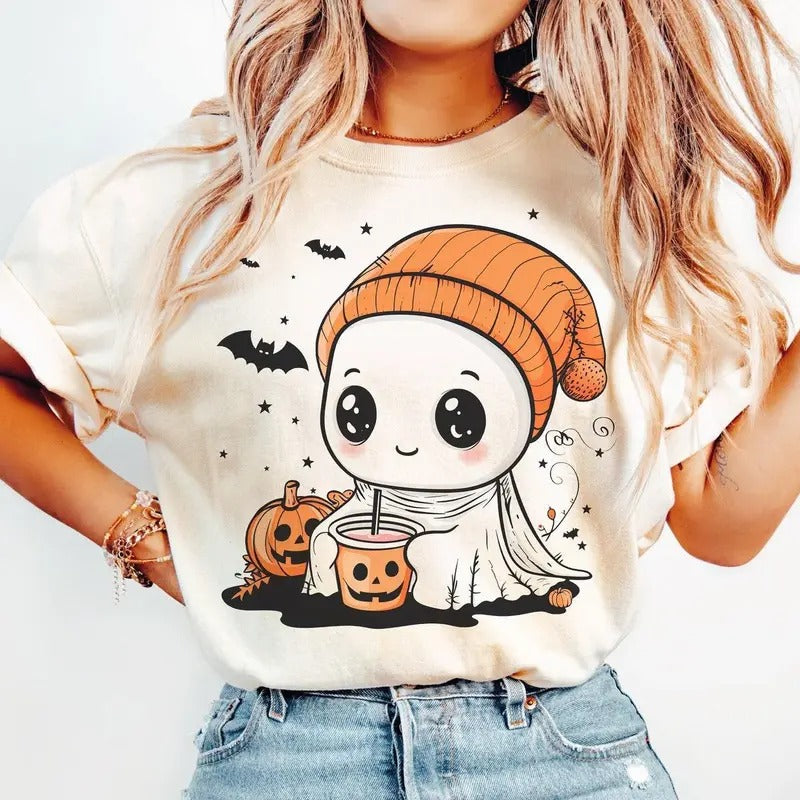 Cute Ghost Halloween T-Shirt , Halloween Shirt, For Men, For Women, Casual, Classic Fashion Cotton Underwear Shirt Womenswear And Menswear Top