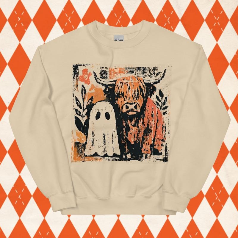 Cute fall highland cow ghost Sweatshirt, Halloween Spooky Season, Autumn Cow Crewneck, Fall Pumpkin graphic Pullover, Cow Lover