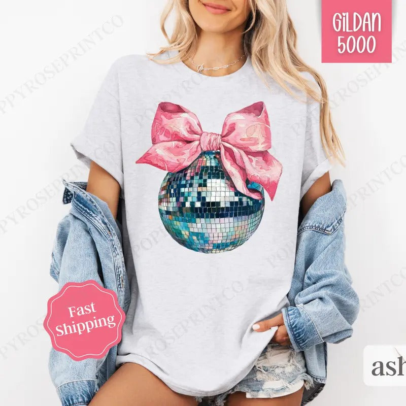 Disco Ball Bow Shirt Gildan, New Year's 2025 Women's Tee, NYE Women's Tshirt Plus Sizes