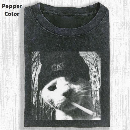 Funny Animal Vintage Graphic Tee, Wacky Cat Smoking T-Shirt, Animal Shirt, Unisex Meme Cringe Funny Shirt, Menswear Womenswear Streetwear Cotton Comfort