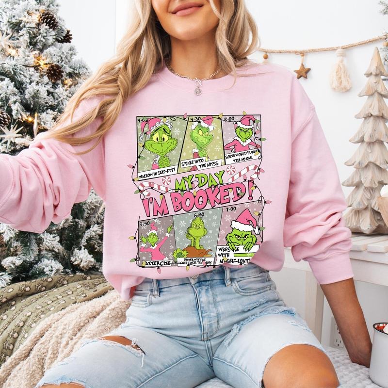 Grinnch My Day Im Booked Christmas Sweatshirt, Grinchmas Sweatshirt, Pink Christmas Sweatshirt, Christmas Schedule Shirt, Xmas Gift