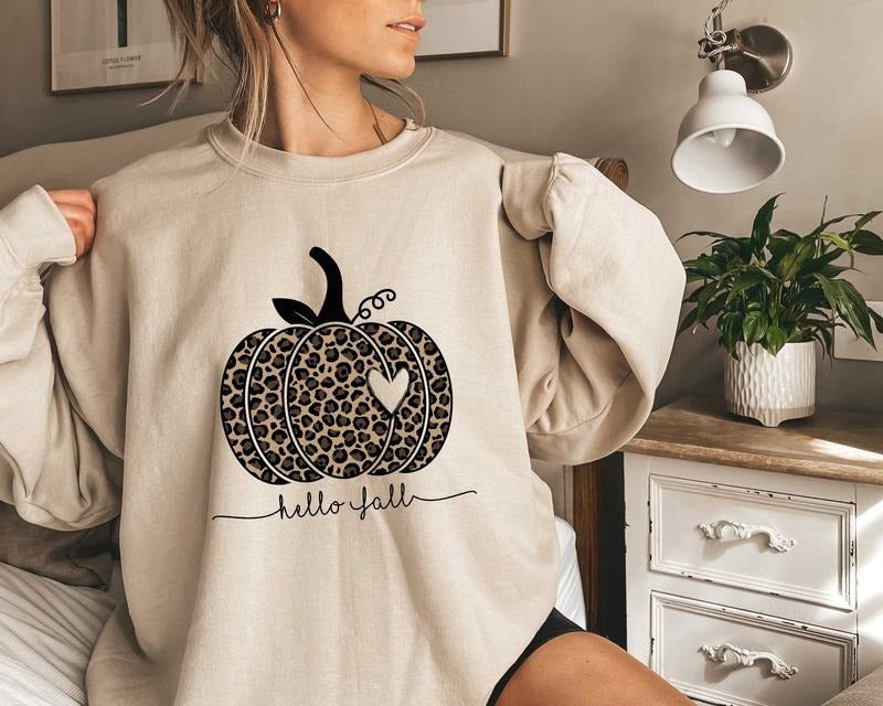 Hello Fall Sweatshirt, Leopard Pumpkin Sweater, Fall Thanksgiving Pumpkin Shirt, Fall Thanksgiving Crewneck, Thankful Shirt, Autumn Fall Shirt, Hello Pumpkin, Thanksgiving Matching Shirt