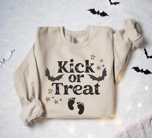 Kick Or Treat Halloween Sweatshirt, Funny Pregnancy Halloween Sweatshirt, Halloween Pregnancy Sweatshirt, Fall Halloween Pregnancy Announcement Shirt, Fall Gift for New Mom