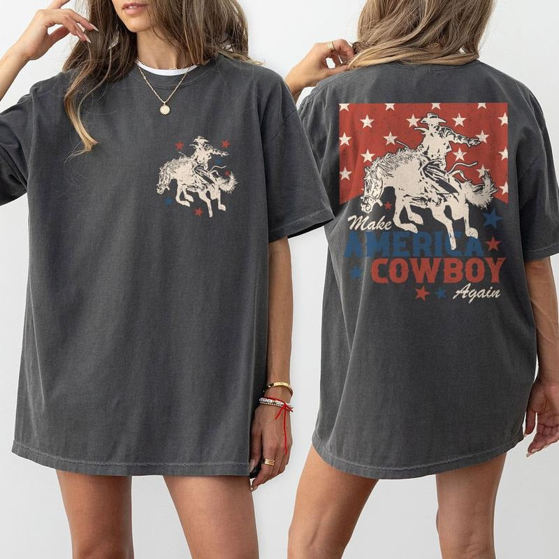 Make America Cowboy Again Shirt, 4th Of July Shirts, Western 4th Of July Shirt, 1776 America T-Shirt, Fourth Of July Tee, Independence Day Shirt, Retro 4th Of July Outfits, American Tee, Independence Day Parade Outfits, Women Top