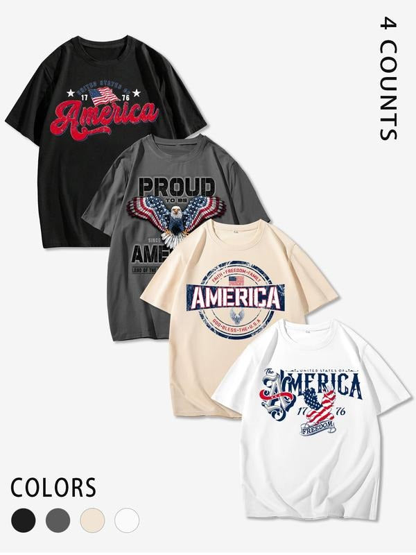 Men's American Flag & Letter Print Round Neck Tee, Regular Fit Casual Short Sleeve T-shirt, Men's Top for Summer Daily Wear